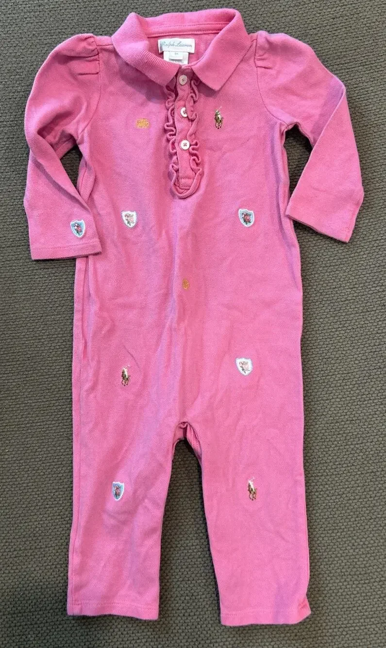 Infant RALPH LAUREN Pink Embroidered Long Sleeve Romper Size 9M 9 Months *A2